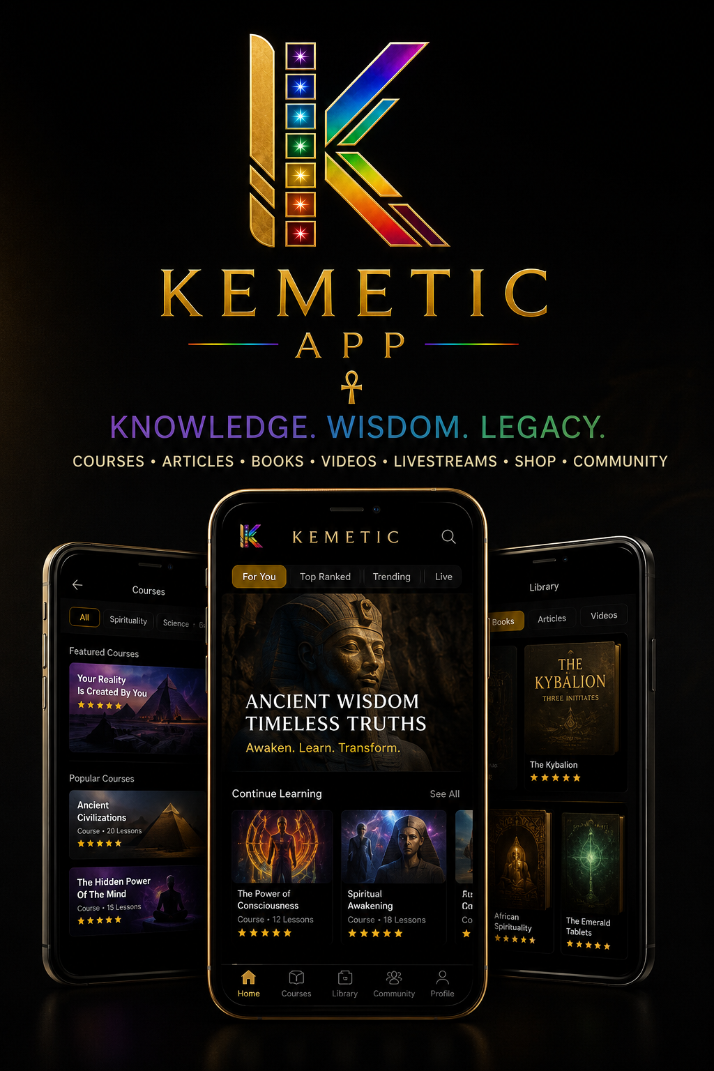 Kemetic App knowledge, wisdom, legacy, courses, books, shop, articles and videos